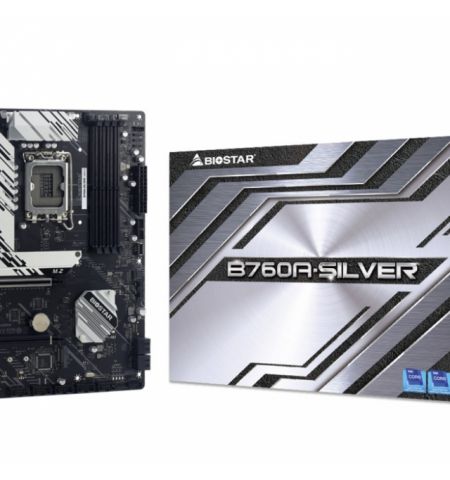BIOSTAR B760A-SILVER, Socket 1700, Intel® B760 (14/13/12th Gen CPU), CPU graphics, HDMI, DP, Dual 4xDDR5-6400, 2xPCIe X16 5.0, 4xSATA3, 3xM.2 4.0, RAID, 1xM.2 E-key for Wi-Fi, 2xPCIe X1, ALC1220 HDA, 2.5GbE LAN, 7xUSB 3.2Gen2 (2C+5A), 2xUSB3.2, VIVID LED 