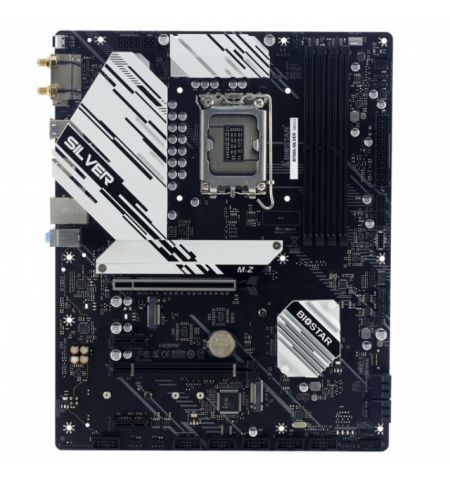 BIOSTAR B760A-SILVER, Socket 1700, Intel® B760 (14/13/12th Gen CPU), CPU graphics, HDMI, DP, Dual 4xDDR5-6400, 2xPCIe X16 5.0, 4xSATA3, 3xM.2 4.0, RAID, 1xM.2 E-key for Wi-Fi, 2xPCIe X1, ALC1220 HDA, 2.5GbE LAN, 7xUSB 3.2Gen2 (2C+5A), 2xUSB3.2, VIVID LED 
