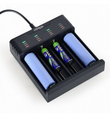 EnerGenie BC-USB-02 Ni-MH + Li-ion Fast Battery Charger, USB output port for practical powerbank function (5V / 2A)б 4-level LED charging status indicators, works with any 5V standard USB charger or 5V/9V/12V USB quick-charger (not included), black EnerGenie BC-USB-02 Ni-MH + Li-ion Fast Battery Charger, USB output port for practical powerbank function (5V / 2A)б 4-level LED charging status indicators, works with any 5V standard USB charger or 5V/9V/12V USB quick-charger (not included), black