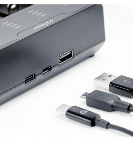 EnerGenie BC-USB-02 Ni-MH + Li-ion Fast Battery Charger, USB output port for practical powerbank function (5V / 2A)б 4-level LED charging status indicators, works with any 5V standard USB charger or 5V/9V/12V USB quick-charger (not included), black EnerGenie BC-USB-02 Ni-MH + Li-ion Fast Battery Charger, USB output port for practical powerbank function (5V / 2A)б 4-level LED charging status indicators, works with any 5V standard USB charger or 5V/9V/12V USB quick-charger (not included), black