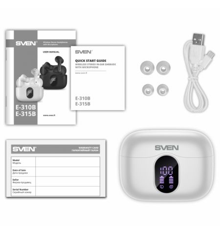 SVEN E-310B, TWS Wireless In-ear stereo earbuds with microphone, Bluetooth 5.4, ANC, ENC, Transparency mode, Game mode, Smart Life app, LED display, ”Find Me” function, 26 hours battery life with the charging case, Sensor buttons, White