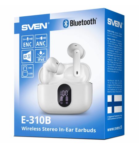 SVEN E-310B, TWS Wireless In-ear stereo earbuds with microphone, Bluetooth 5.4, ANC, ENC, Transparency mode, Game mode, Smart Life app, LED display, ”Find Me” function, 26 hours battery life with the charging case, Sensor buttons, White