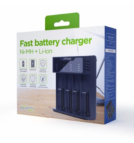 EnerGenie BC-USB-02 Ni-MH + Li-ion Fast Battery Charger, USB output port for practical powerbank function (5V / 2A)б 4-level LED charging status indicators, works with any 5V standard USB charger or 5V/9V/12V USB quick-charger (not included), black EnerGenie BC-USB-02 Ni-MH + Li-ion Fast Battery Charger, USB output port for practical powerbank function (5V / 2A)б 4-level LED charging status indicators, works with any 5V standard USB charger or 5V/9V/12V USB quick-charger (not included), black