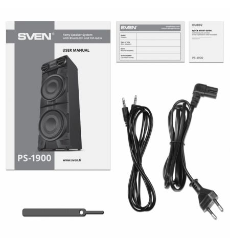 SVEN PS-1900, 1000W (2x500) Dynamic switchable RGB backlight, TWS, Bluetooth, FM, USB, LED display, 2 microphone inputs for karaoke, NFC, Audio input for connecting an electric guitar, Carrying handle and wheels, Wooden body (MDF), 17.2 kg, Black SVEN PS-1900, 1000W (2x500) Dynamic switchable RGB backlight, TWS, Bluetooth, FM, USB, LED display, 2 microphone inputs for karaoke, NFC, Audio input for connecting an electric guitar, Carrying handle and wheels, Wooden body (MDF), 17.2 kg, Black