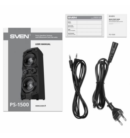 SVEN PS-1500, 500W (2x250) Dynamic switchable RGB backlight, TWS, Bluetooth, FM, USB, LED display, microphone input for karaoke, NFC, Audio input for connecting an electric guitar, Carrying handle and wheels, Wooden body (MDF), 13 kg, Black