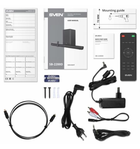 SVEN Soundbar SB-2200D with wireless subwoofer, 300 W, Bluetooth, USB, AUX (3.5mm jack), HDMI (ARC), SPDIF (Optical), remote control, Support of Dolby Digital, LED display, black SVEN Soundbar SB-2200D with wireless subwoofer, 300 W, Bluetooth, USB, AUX (3.5mm jack), HDMI (ARC), SPDIF (Optical), remote control, Support of Dolby Digital, LED display, black