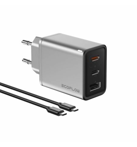 EcoFlow RAPID 65W GaN Charger with 100W Cable 1m, 2*USB-C ports and 1*USB-A port, charge 3 devices at the same time, Triple Port Output USB-C1 Up to 45W / C2+A 15W Combined, silver