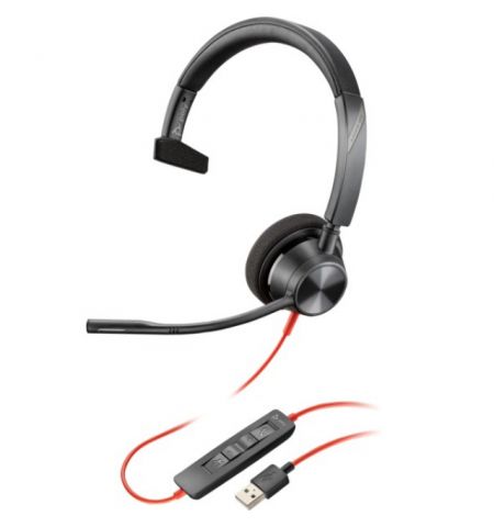 Poly Blackwire 3310 Mono USB-A Headset, Microphone noise-canceling, SoundGuard, DSP, Receive output from 20 Hz–20 kHz, Microphone 100 Hz–10 kHz, Call answer/ignore/end/hold, redial, mute, volume +/-, OEM, CABLE LENGTH 218cm, 102g