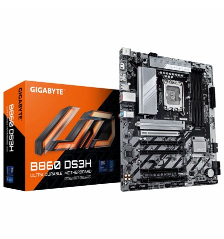 GIGABYTE B860 DS3H, Socket 1851, 11Phases, Intel® B860 (Ultra 2 Series CPU), CPU graphics, HDMI, DP, Dual 4xDDR5-9066, 5xPCIe X16 5.0, 4xSATA3, RAID, 2xM.2 5.0, 1xPCIe X1, Realtek 7.1 HDA, 2.5GbE LAN, 1xUSB-C 3.2Gen2x2, 1xUSB3.2Gen2, 3xUSB3.2(1C+2A), RGB 