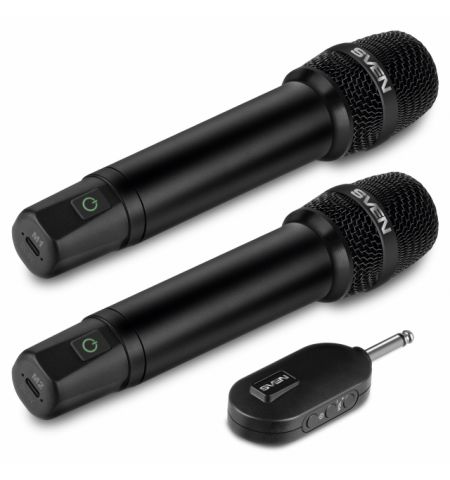 SVEN MK-742, two wireless dynamic microphones, Li-Ion 180mAh, 2.4GHz radio / 6.3 mm plug, up to 25 m distance, up to 12 hours, pop filter, black