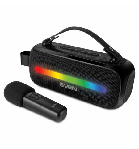 SVEN PS-255 Black, Bluetooth Portable Speaker with wireless microphone, 12W RMS (2x6W), Dynamic switchable RGB backlight, FM tuner, USB, Li-Ion battery: 3.7V, 3600mAh (13.32Wh) / USB Type-C: DC 5 V, 1.2 kg, black