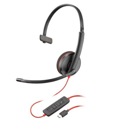 Poly Blackwire 3210 Monaural USB-C Headset, Microphone noise-canceling, SoundGuard, DSP, Receive output from 20 Hz–20 kHz, Microphone 100 Hz–10 kHz, Call answer/ignore/end/hold, redial, mute, volume +/-, OEM, CABLE LENGTH 1610mm