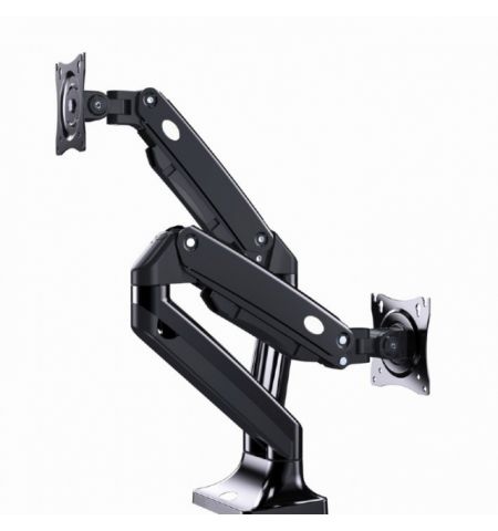 Arm for 2 monitors 17”-35” - Full-motion desk arm Gembird MA-DA2-03, Alu and Steel, Gas spring 3-10 kg per screen, VESA 75/100, arm rotates, extends and retracts, tilts to change reading angles, and allows to rotate display from landscape-to-portrait mode