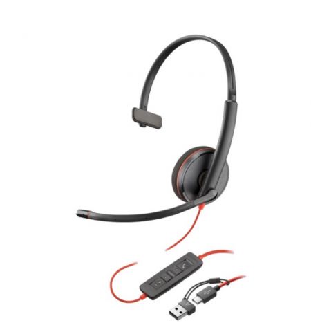 Poly Blackwire 3210 Monaural USB-C Headset (Bulk), Microphone noise-canceling, SoundGuard, DSP, Receive output from 20 Hz–20 kHz, Microphone 100 Hz–10 kHz, Call answer/ignore/end/hold, redial, mute, volume +/-, OEM, CABLE LENGTH 1610mm