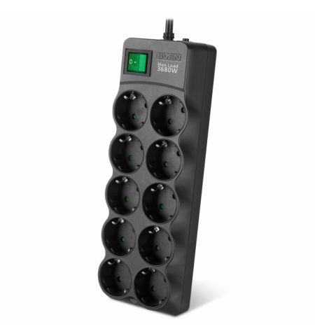 Surge Protector SVEN SF-10E-16, 10 Sockets, Children protection, Varistor protection, NON-FLAMMABLE, 3680W, 1.8m, Black