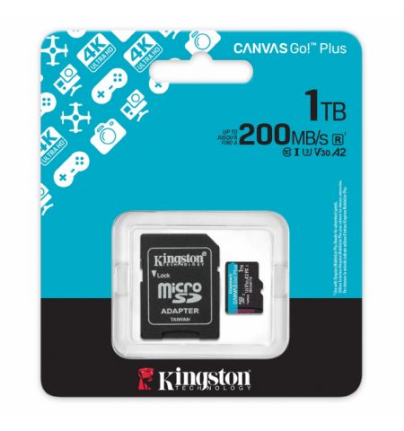 1.0TB microSD Class10 A2 UHS-I U3 (V30) Kingston Canvas Go Plus Gen 4 + SD Adapter, Ultimate, up to 200Mb/s, Ideal for Android mobile devices, action cams, drones and 4K video production