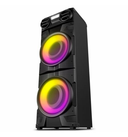 SVEN PS-1900, 1000W (2x500) Dynamic switchable RGB backlight, TWS, Bluetooth, FM, USB, LED display, 2 microphone inputs for karaoke, NFC, Audio input for connecting an electric guitar, Carrying handle and wheels, Wooden body (MDF), 17.2 kg, Black