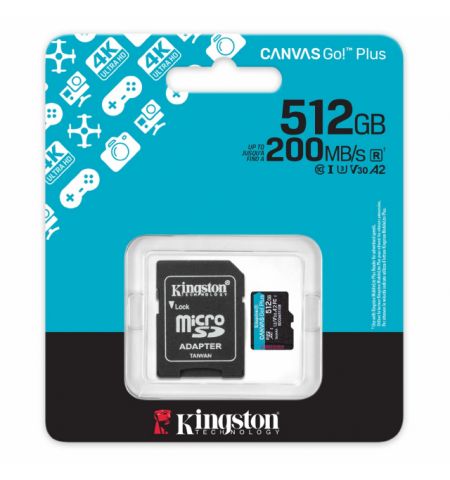 512GB microSD Class10 A2 UHS-I U3 (V30) Kingston Canvas Go Plus Gen 4 + SD Adapter, Ultimate, up to 200Mb/s, Ideal for Android mobile devices, action cams, drones and 4K video production