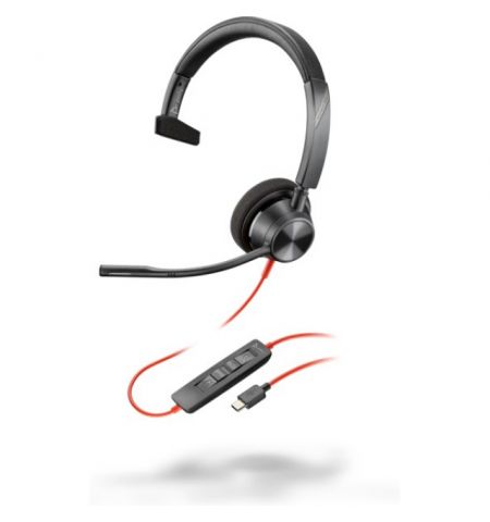 Poly Blackwire 3310 Mono USB-C Headset, Microphone noise-canceling, SoundGuard, DSP, Receive output from 80 Hz–20 kHz, Microphone 100 Hz–10 kHz, Call answer/ignore/end/hold, redial, mute, volume +/-, CABLE LENGTH 215cm, 102g