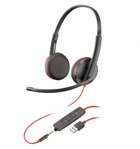 Poly Blackwire 3225 Stereo USB-A Headset +3.5mm Plug (Bulk), Microphone noise-canceling, SoundGuard, DSP, Receive output from 20 Hz–20 kHz, Microphone 100 Hz–10 kHz, Call answer/ignore/end/hold, redial, mute, volume +/-, OEM, CABLE LENGTH 227cm