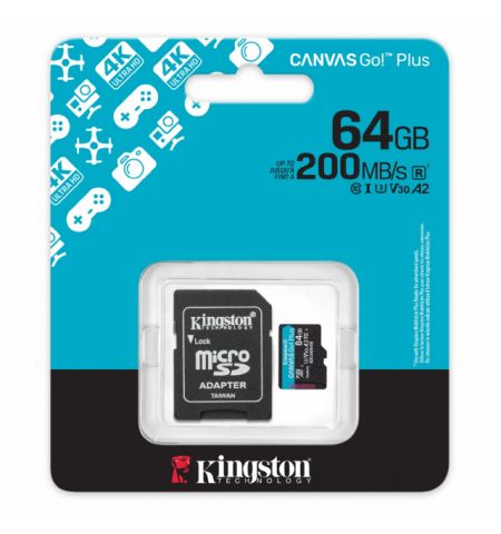 64GB microSD Class10 A2 UHS-I U3 (V30) Kingston Canvas Go Plus Gen 4 + SD Adapter, Ultimate, up to 200Mb/s, Ideal for Android mobile devices, action cams, drones and 4K video production