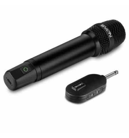 SVEN MK-740, wireless dynamic microphone, Li-Ion 180mAh, 2.4GHz radio / 6.3 mm plug, up to 25 m distance, up to 12 hours, pop filter, black