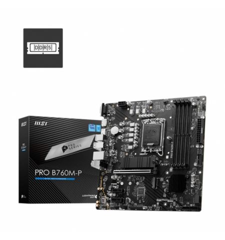 MSI PRO B760M-P, Socket 1700, Intel® B760 (14/13/12th Gen CPU), CPU graphics, VGA, HDMI, DP, Dual 4xDDR5-6800, 1xPCIe X16 4.0, 4xSATA3, RAID, 2xM.2 4.0, 2xPCIe X1, ALC897 7.1 HDA, 2.5GbE LAN, 1xUSB-C 3.2Gen2, 3xUSB3.2, LPT+COM-port Header, RGB Led, mATX