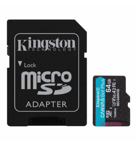 64GB microSD Class10 A2 UHS-I U3 (V30) Kingston Canvas Go Plus Gen 4 + SD Adapter, Ultimate, up to 200Mb/s, Ideal for Android mobile devices, action cams, drones and 4K video production 64GB microSD Class10 A2 UHS-I U3 (V30) Kingston Canvas Go Plus Gen 4 + SD Adapter, Ultimate, up to 200Mb/s, Ideal for Android mobile devices, action cams, drones and 4K video production