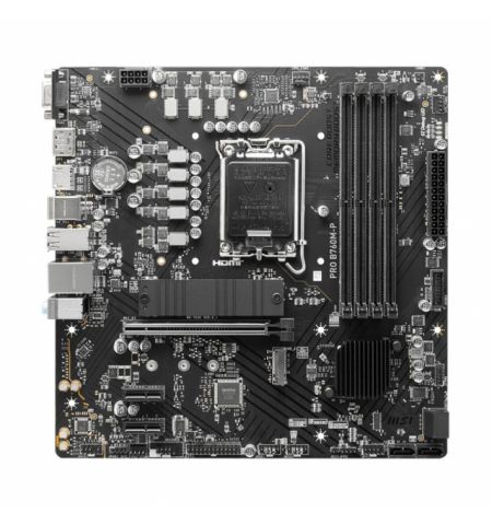 MSI PRO B760M-P, Socket 1700, Intel® B760 (14/13/12th Gen CPU), CPU graphics, VGA, HDMI, DP, Dual 4xDDR5-6800, 1xPCIe X16 4.0, 4xSATA3, RAID, 2xM.2 4.0, 2xPCIe X1, ALC897 7.1 HDA, 2.5GbE LAN, 1xUSB-C 3.2Gen2, 3xUSB3.2, LPT+COM-port Header, RGB Led, mATX