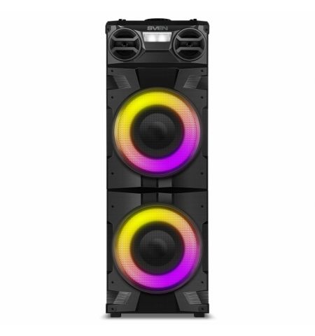SVEN PS-1900, 1000W (2x500) Dynamic switchable RGB backlight, TWS, Bluetooth, FM, USB, LED display, 2 microphone inputs for karaoke, NFC, Audio input for connecting an electric guitar, Carrying handle and wheels, Wooden body (MDF), 17.2 kg, Black SVEN PS-1900, 1000W (2x500) Dynamic switchable RGB backlight, TWS, Bluetooth, FM, USB, LED display, 2 microphone inputs for karaoke, NFC, Audio input for connecting an electric guitar, Carrying handle and wheels, Wooden body (MDF), 17.2 kg, Black