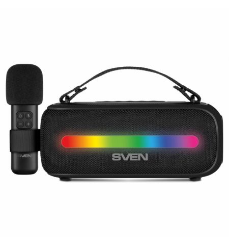 SVEN PS-255 Black, Bluetooth Portable Speaker with wireless microphone, 12W RMS (2x6W), Dynamic switchable RGB backlight, FM tuner, USB, Li-Ion battery: 3.7V, 3600mAh (13.32Wh) / USB Type-C: DC 5 V, 1.2 kg, black