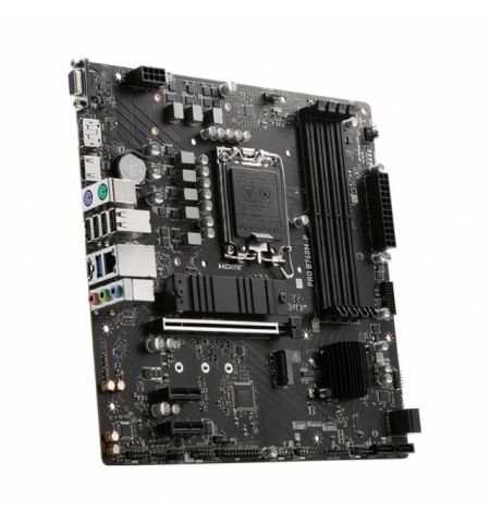 MSI PRO B760M-P, Socket 1700, Intel® B760 (14/13/12th Gen CPU), CPU graphics, VGA, HDMI, DP, Dual 4xDDR5-6800, 1xPCIe X16 4.0, 4xSATA3, RAID, 2xM.2 4.0, 2xPCIe X1, ALC897 7.1 HDA, 2.5GbE LAN, 1xUSB-C 3.2Gen2, 3xUSB3.2, LPT+COM-port Header, RGB Led, mATX