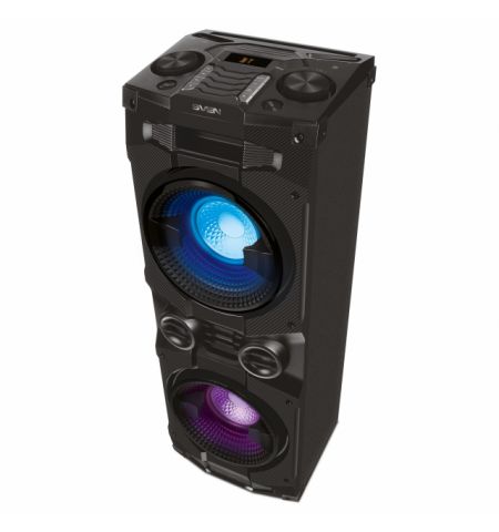 SVEN PS-1500, 500W (2x250) Dynamic switchable RGB backlight, TWS, Bluetooth, FM, USB, LED display, microphone input for karaoke, NFC, Audio input for connecting an electric guitar, Carrying handle and wheels, Wooden body (MDF), 13 kg, Black