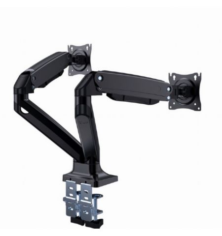 Arm for 2 monitors 17”-35” - Full-motion desk arm Gembird MA-DA2-03, Alu and Steel, Gas spring 3-10 kg per screen, VESA 75/100, arm rotates, extends and retracts, tilts to change reading angles, and allows to rotate display from landscape-to-portrait mode