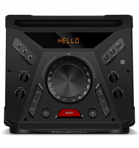 SVEN PS-1900, 1000W (2x500) Dynamic switchable RGB backlight, TWS, Bluetooth, FM, USB, LED display, 2 microphone inputs for karaoke, NFC, Audio input for connecting an electric guitar, Carrying handle and wheels, Wooden body (MDF), 17.2 kg, Black SVEN PS-1900, 1000W (2x500) Dynamic switchable RGB backlight, TWS, Bluetooth, FM, USB, LED display, 2 microphone inputs for karaoke, NFC, Audio input for connecting an electric guitar, Carrying handle and wheels, Wooden body (MDF), 17.2 kg, Black