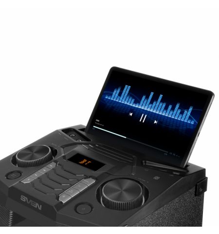 SVEN PS-1500, 500W (2x250) Dynamic switchable RGB backlight, TWS, Bluetooth, FM, USB, LED display, microphone input for karaoke, NFC, Audio input for connecting an electric guitar, Carrying handle and wheels, Wooden body (MDF), 13 kg, Black