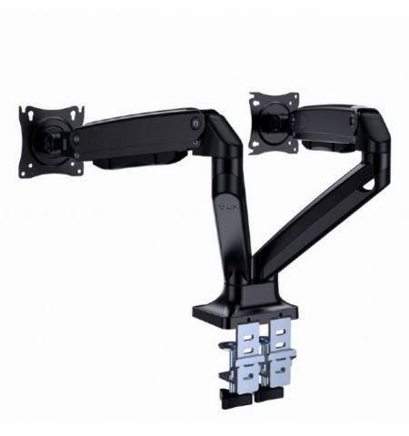 Arm for 2 monitors 17”-35” - Full-motion desk arm Gembird MA-DA2-03, Alu and Steel, Gas spring 3-10 kg per screen, VESA 75/100, arm rotates, extends and retracts, tilts to change reading angles, and allows to rotate display from landscape-to-portrait mode