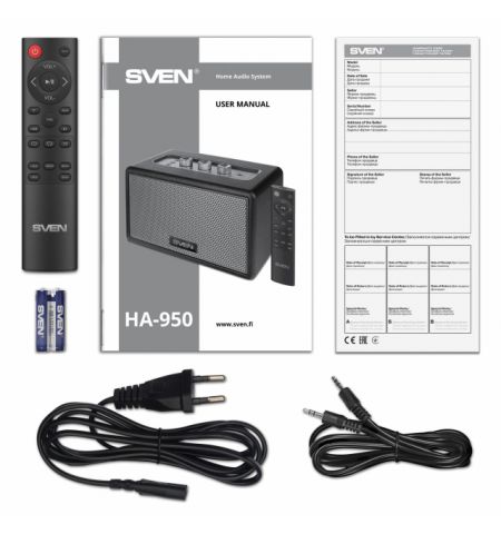 SVEN HA-950, Bluetooth Home Audio Systyem 60W (RMS), TWS, USB, microSD, Remote control, MDF, Soft eco-leather, Volume and tone rotary knobs on the top panel, AUX input, Black SVEN HA-950, Bluetooth Home Audio Systyem 60W (RMS), TWS, USB, microSD, Remote control, MDF, Soft eco-leather, Volume and tone rotary knobs on the top panel, AUX input, Black