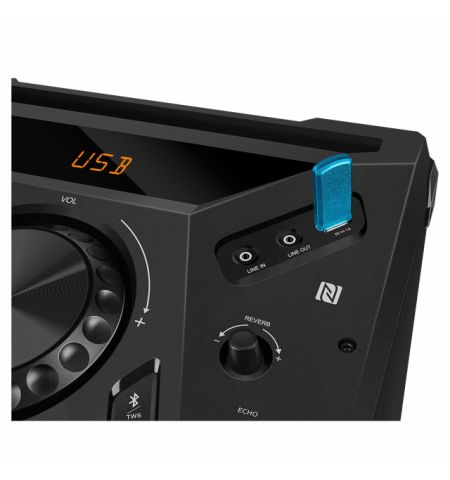 SVEN PS-1900, 1000W (2x500) Dynamic switchable RGB backlight, TWS, Bluetooth, FM, USB, LED display, 2 microphone inputs for karaoke, NFC, Audio input for connecting an electric guitar, Carrying handle and wheels, Wooden body (MDF), 17.2 kg, Black SVEN PS-1900, 1000W (2x500) Dynamic switchable RGB backlight, TWS, Bluetooth, FM, USB, LED display, 2 microphone inputs for karaoke, NFC, Audio input for connecting an electric guitar, Carrying handle and wheels, Wooden body (MDF), 17.2 kg, Black