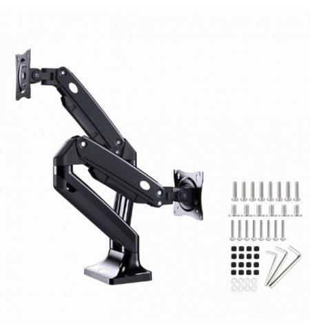 Arm for 2 monitors 17”-35” - Full-motion desk arm Gembird MA-DA2-03, Alu and Steel, Gas spring 3-10 kg per screen, VESA 75/100, arm rotates, extends and retracts, tilts to change reading angles, and allows to rotate display from landscape-to-portrait mode