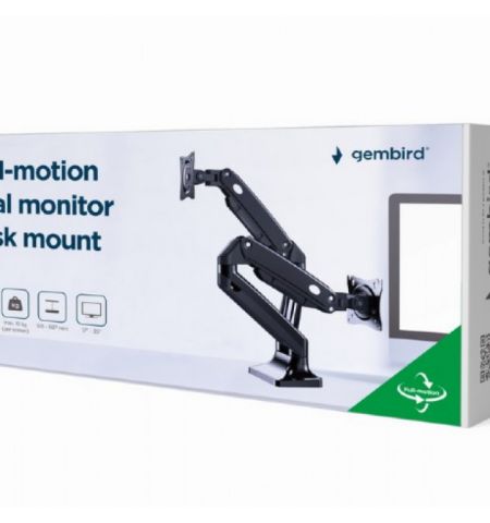 Arm for 2 monitors 17”-35” - Full-motion desk arm Gembird MA-DA2-03, Alu and Steel, Gas spring 3-10 kg per screen, VESA 75/100, arm rotates, extends and retracts, tilts to change reading angles, and allows to rotate display from landscape-to-portrait mode