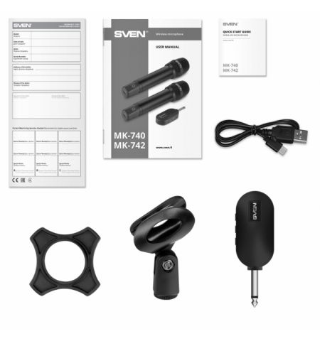SVEN MK-740, wireless dynamic microphone, Li-Ion 180mAh, 2.4GHz radio / 6.3 mm plug, up to 25 m distance, up to 12 hours, pop filter, black SVEN MK-740, wireless dynamic microphone, Li-Ion 180mAh, 2.4GHz radio / 6.3 mm plug, up to 25 m distance, up to 12 hours, pop filter, black