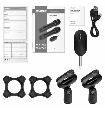 SVEN MK-742, two wireless dynamic microphones, Li-Ion 180mAh, 2.4GHz radio / 6.3 mm plug, up to 25 m distance, up to 12 hours, pop filter, black SVEN MK-742, two wireless dynamic microphones, Li-Ion 180mAh, 2.4GHz radio / 6.3 mm plug, up to 25 m distance, up to 12 hours, pop filter, black