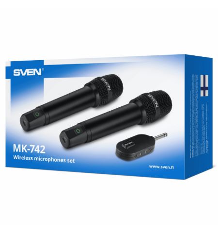 SVEN MK-742, two wireless dynamic microphones, Li-Ion 180mAh, 2.4GHz radio / 6.3 mm plug, up to 25 m distance, up to 12 hours, pop filter, black SVEN MK-742, two wireless dynamic microphones, Li-Ion 180mAh, 2.4GHz radio / 6.3 mm plug, up to 25 m distance, up to 12 hours, pop filter, black