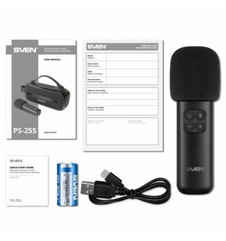 SVEN PS-255 Black, Bluetooth Portable Speaker with wireless microphone, 12W RMS (2x6W), Dynamic switchable RGB backlight, FM tuner, USB, Li-Ion battery: 3.7V, 3600mAh (13.32Wh) / USB Type-C: DC 5 V, 1.2 kg, black