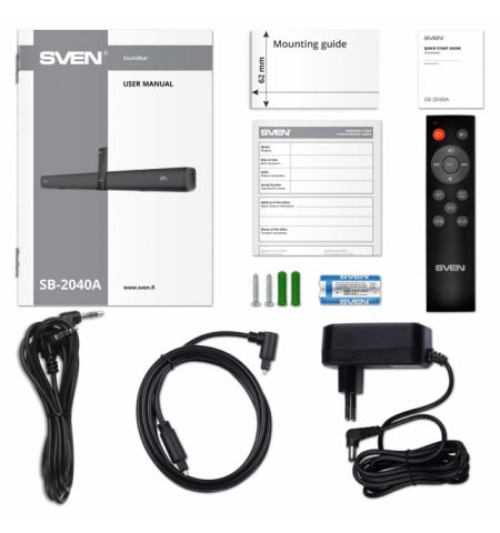 SVEN Soundbar SB-2040A, 40 W, Bluetooth, USB, AUX (3.5mm jack), HDMI (ARC), SPDIF (Optical), remote control, LED display, black