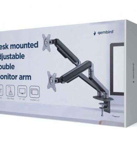 Arm for 2 monitors 17”-32” - Gembird MA-DA2-05, Steel (1.35 mm), Gas spring 2-9 kg per display, VESA 75/100, arm rotates, extends and retracts, tilts to change reading angles, and allows to rotate display from landscape-to-portrait mode, space grey