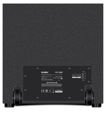 SVEN PS-1500, 500W (2x250) Dynamic switchable RGB backlight, TWS, Bluetooth, FM, USB, LED display, microphone input for karaoke, NFC, Audio input for connecting an electric guitar, Carrying handle and wheels, Wooden body (MDF), 13 kg, Black