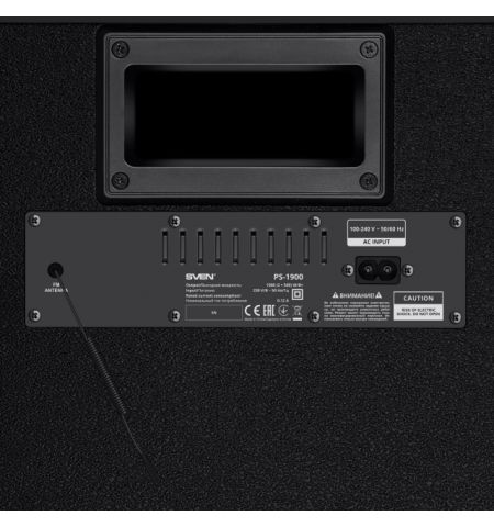 SVEN PS-1900, 1000W (2x500) Dynamic switchable RGB backlight, TWS, Bluetooth, FM, USB, LED display, 2 microphone inputs for karaoke, NFC, Audio input for connecting an electric guitar, Carrying handle and wheels, Wooden body (MDF), 17.2 kg, Black SVEN PS-1900, 1000W (2x500) Dynamic switchable RGB backlight, TWS, Bluetooth, FM, USB, LED display, 2 microphone inputs for karaoke, NFC, Audio input for connecting an electric guitar, Carrying handle and wheels, Wooden body (MDF), 17.2 kg, Black