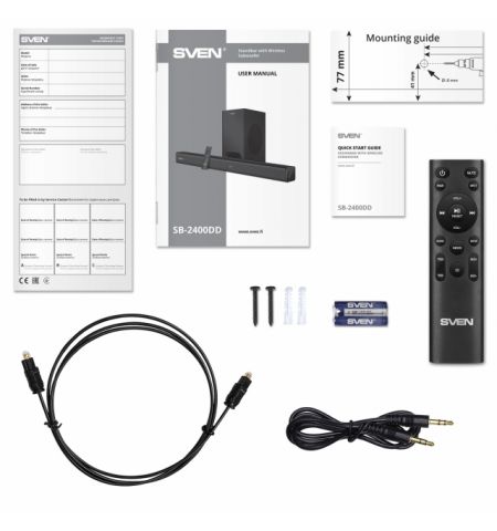 SVEN Soundbar SB-2400DD with wireless subwoofer, 400 W, Bluetooth, USB, AUX (3.5mm jack), HDMI (ARC), SPDIF (Optical), remote control, Support of Dolby Digital Plus, LED display, black